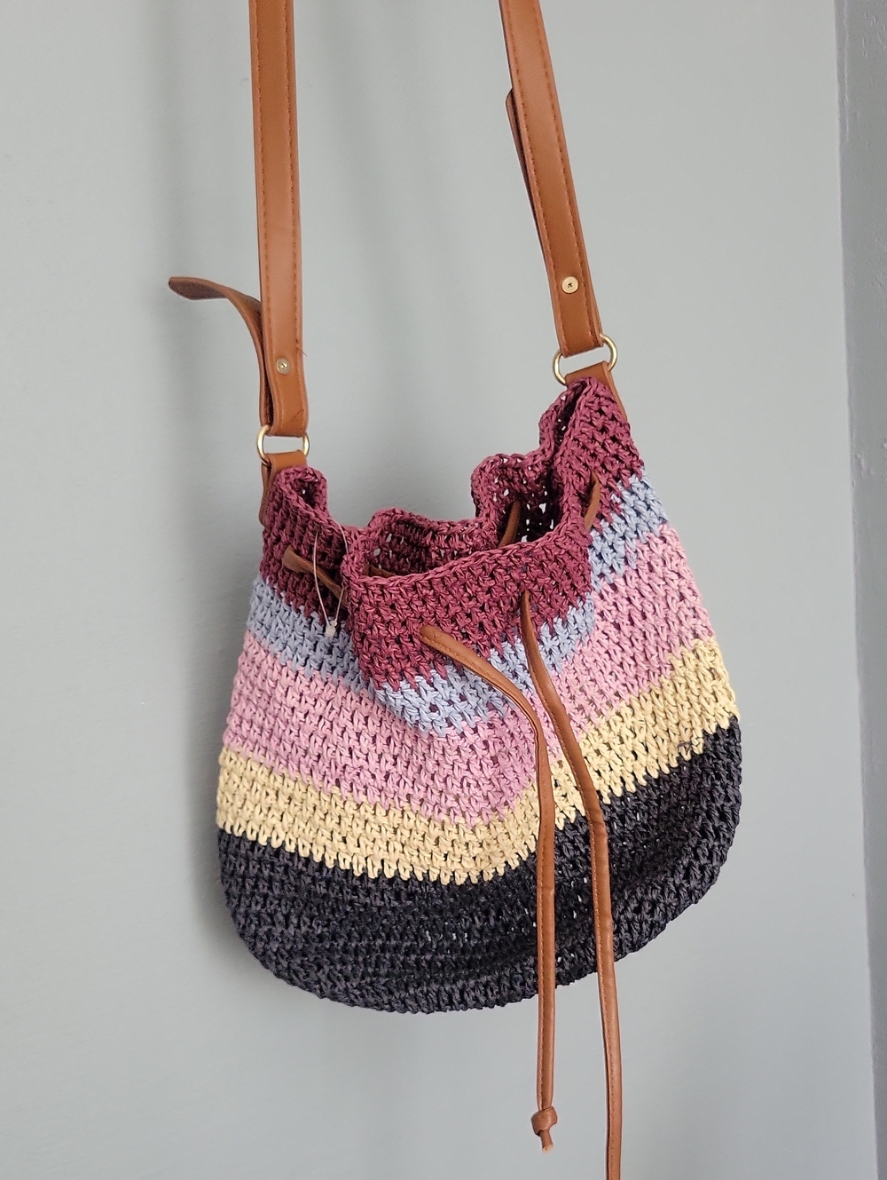 Handwoven Multicolor Crochet Bucket Bag with Tan Leather Strap